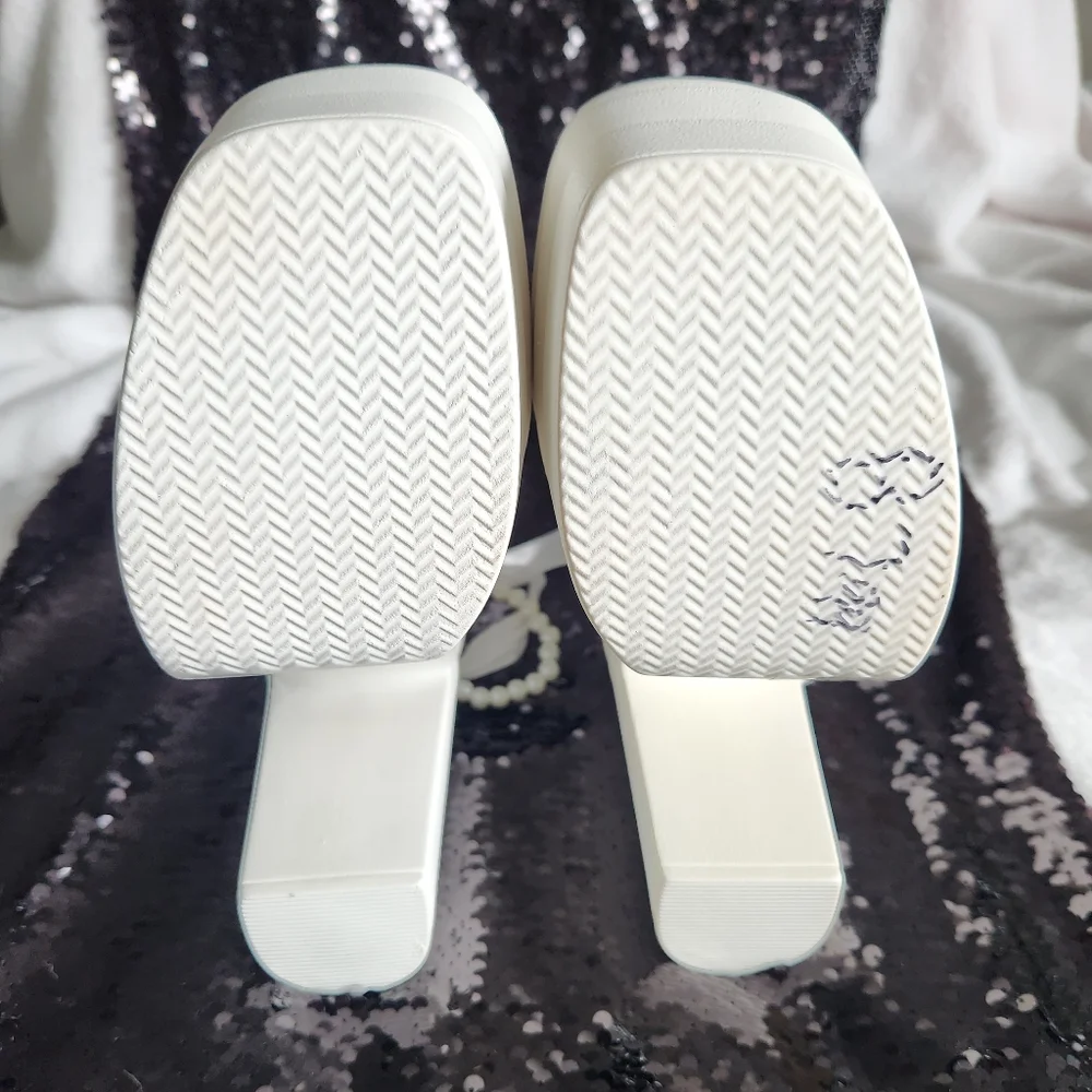White platform Heels. With Pearl Ankle Strap Satin Bow - Picture 2 of 8